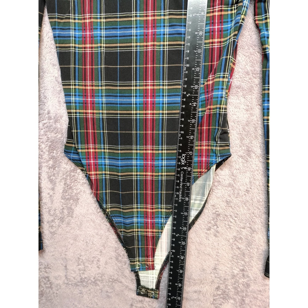 Forever 21 small bodysuit mock neck plaid long sleeve stretch fall school prep - Picture 5 of 9